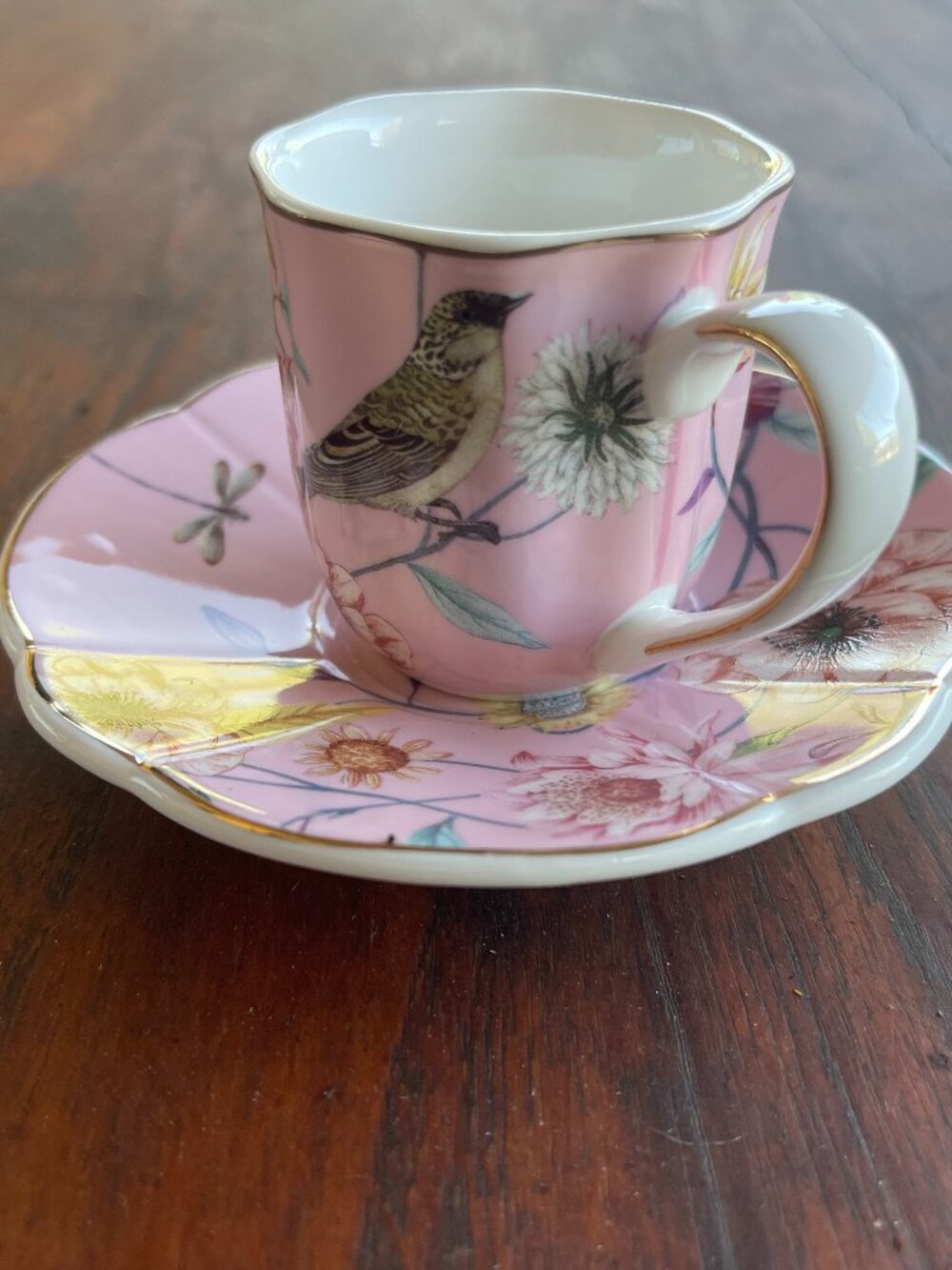Grace Teaware Porcelain Set of 4 Espresso Cups & Saucers Floral Birds Pink Gold